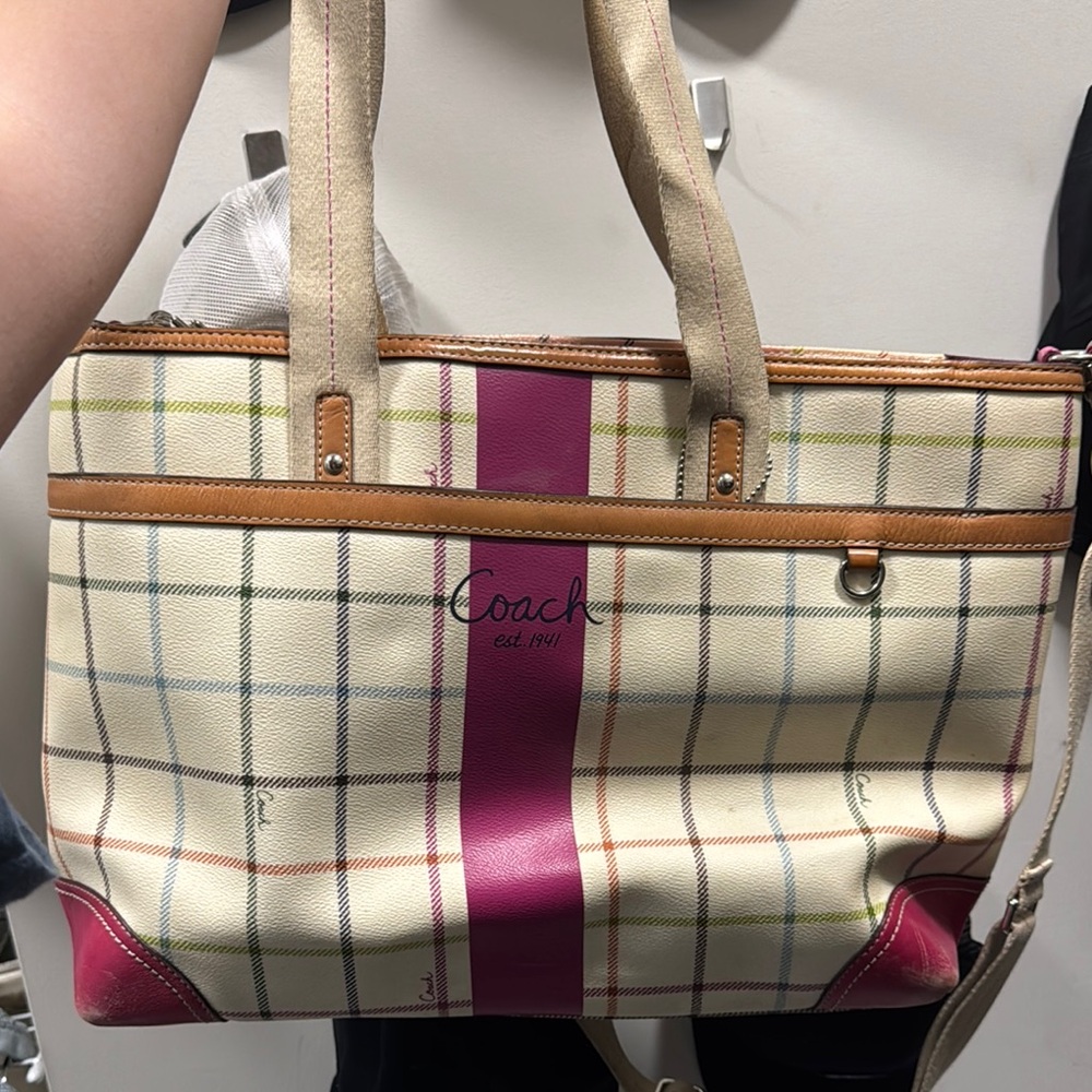 Coach Plaid Tote Bag - Cream and Pink